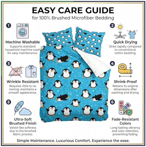 King Duvet Cover Set Soft Microfiber Cartoon Penguin