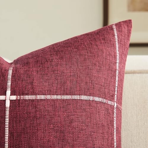 2 Packs Grid Embroidery Throw Pillow Covers 22x22in Burgundy
