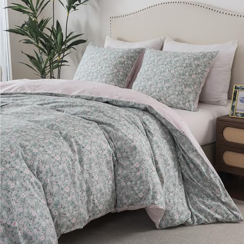 HoneiLife Cotton Floral Duvet Cover Sets, Light Green with Zipper