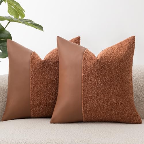 Set of 2 Fluffy Boucle Pillow Covers 22"x22", Rust Red Textured Throw