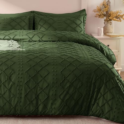 VACVELT 5PCS Olive Green Boho Tufted Duvet Cover Queen Size, Zipper &