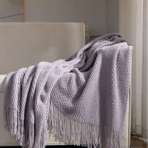 Oatmeal Chunky Knit Throw Blanket with Tassels, Textured Sofa Decor