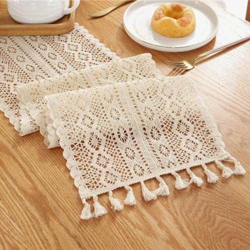 Gemseek 36 Inch Boho Crochet Table Runner, Beige Cotton Lace Table