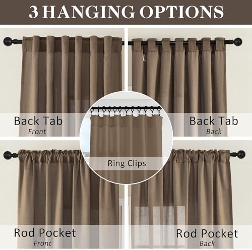 DONREN Linen Blend Back Tab Curtains Semi Sheer 50 x 96 Inch Brown