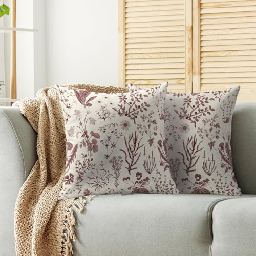 Burgundy Floral Pillow Covers 18X18 Set of 2, Spring Flower