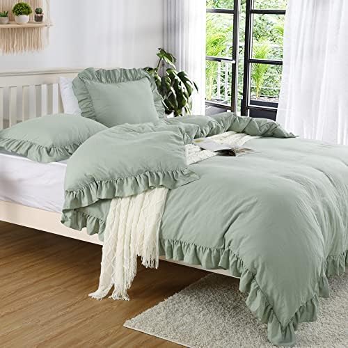 CAROMIO Ruffle Duvet Cover Queen Size, 3PCS Soft Washed Microfiber