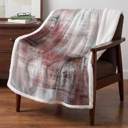 Red Gray Graffiti Texture Sherpa Fleece Throw Blanket Fuzzy Cozy