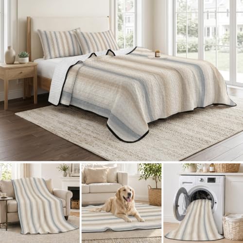 Brown Gray Striped Queen Size Down Alternative Comforter, Lightweight