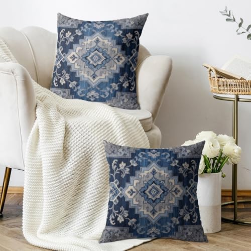 Boho Pillow Covers 20x20 Inch Set of 2 Navy Blue Vintage Floral Carpet