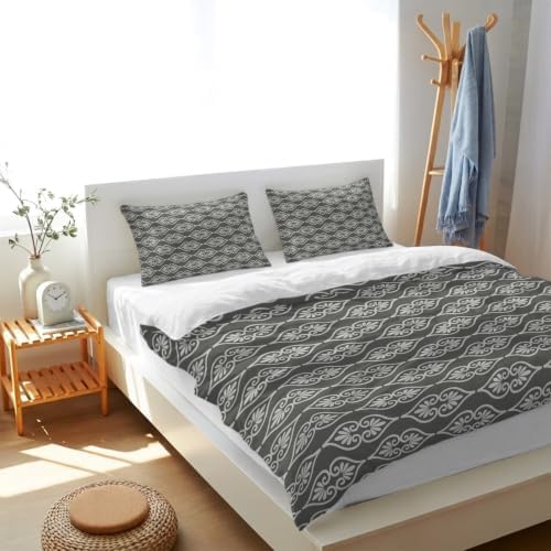 Grey Boho Duvet Cover Queen Size, Farmhouse Neutral Chic Abstract