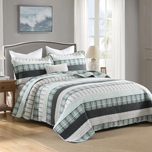 Homzard King Size Quilt Set 100% Cotton Striped Plaid Bedspread Set