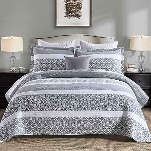 PERHOM 100% Cotton Queen Quilt Set, Bluish Gray Striped Bedding