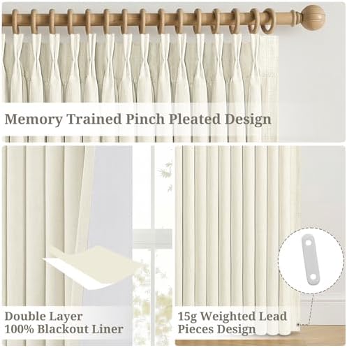 Pinch Pleat Beige Cream Blackout Curtains 108 Inch Long 2 Panels for