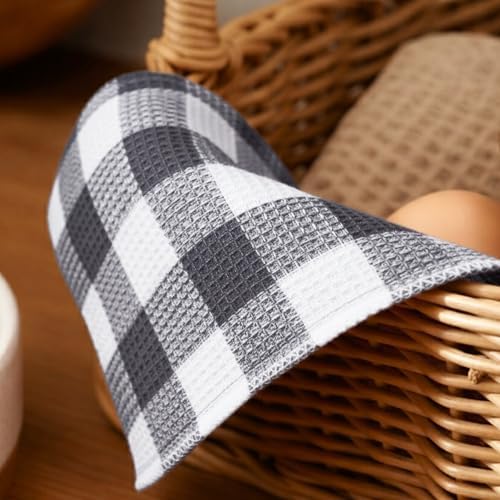 Waffle Weave Plaid Dish Cloth, Dish Cloth 12x12"S/6 - Steel Gray &