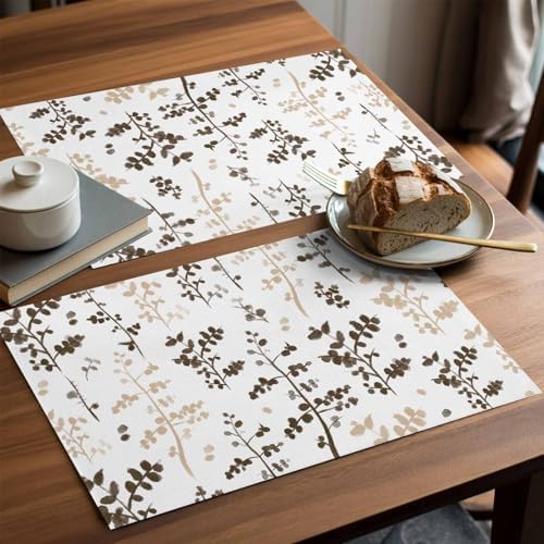 Placemats Set of 8, Brown Beige Botanical Woven Placemat, Linen Place