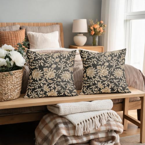 Vintage Floral Pillow Covers 18x18 Set of 2 Dark Grey Retro Botanical