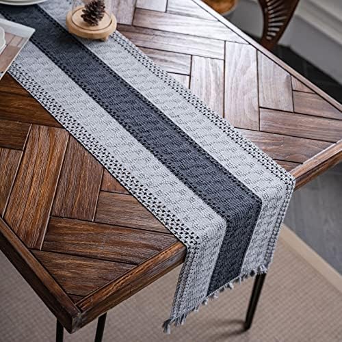 Hsvanyr Grey Farmhouse Long Macrame Tablecloth Runner Cotton Linen