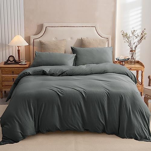 PURE ERA Jersey Knit Duvet Cover Set Solid Dark Greenish Gray Queen