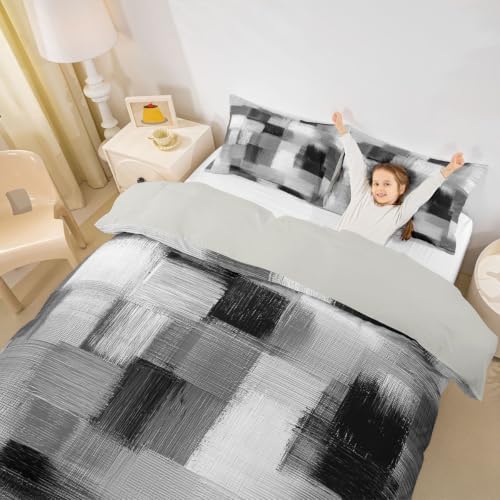 Feelyou Geometric Duvet Cover Queen Size Abstract Gray Plaid Comforter