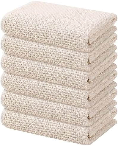 Kitinjoy 100% Cotton Waffle 6-Pack Kitchen Towels, 13" x 28", Beige