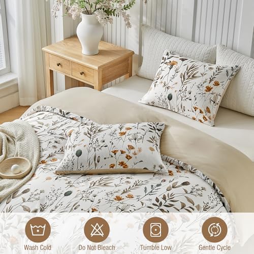Lekesky Reversible Duvet Cover Queen Size 3-piece, Khaki Floral