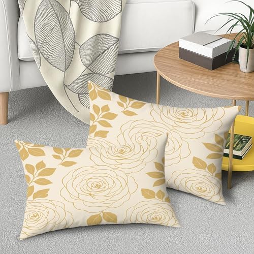 Rose Floral Throw Pillow Covers Set of 2, Cream Gold Flower Decorative