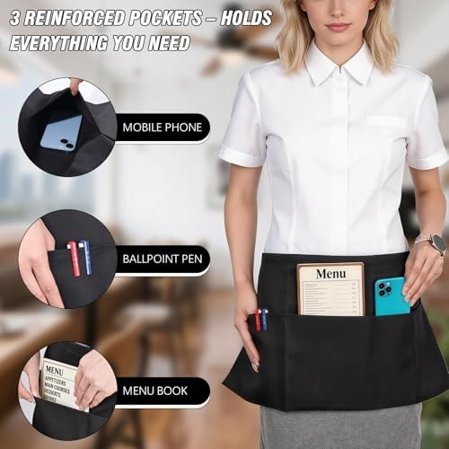 16 Pack Black Waist Aprons, Heavy Duty 3 Pockets Water Resistant