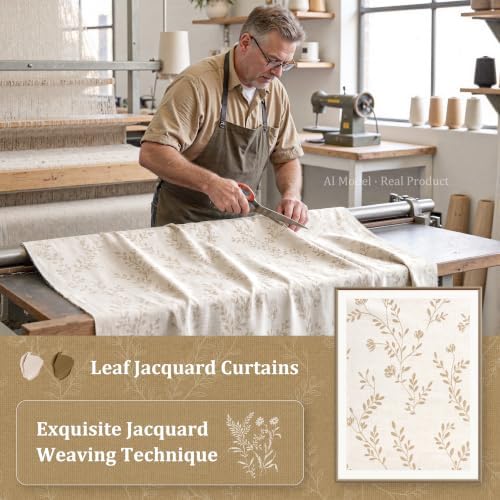 LAMIT Beige Leaf Pattern Linen Curtains 84 Inch Length for Living Room