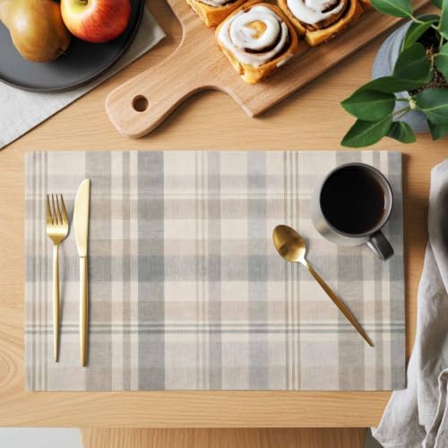 Gray Cream Plaid Placemats Set of 8, Cotton Linen Fabric Place Mats