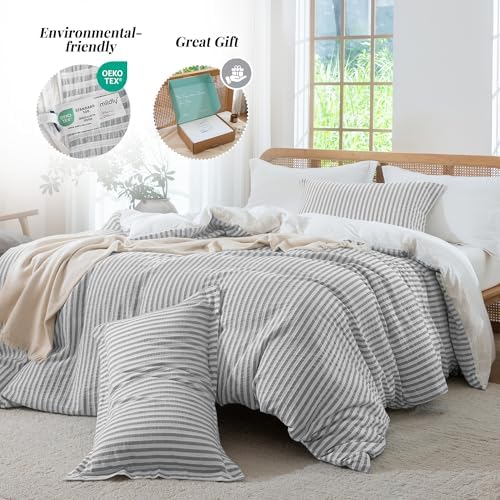 MILDLY Jacquard Striped Duvet Cover Set 2pcs Dual Zipper Grey Twin