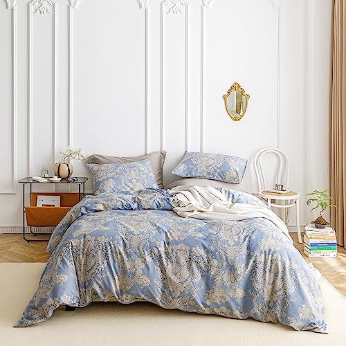 SUSYBAO Bohemian Damask Duvet Cover King 100% Cotton Boho Khaki Floral