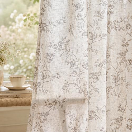 jinchan Taupe Floral Linen Curtains 108 Inch Farmhouse Back Tab 2