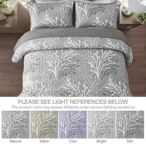 DJY Grey Quilt Set King Size - Branch Botanical Bedspread Coverlet Set