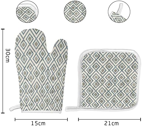 Oven Mitts and Pot Holder Set for Kitchen, Hand Drawn Rhombus