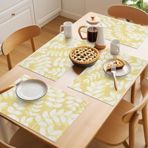 Placemats Set of 8, Pale Yellow Leaves Woven Placemat, Linen Place