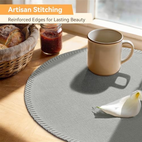 Round Placemats Set of 8 - Machine Washable Linen-Like Cloth Place