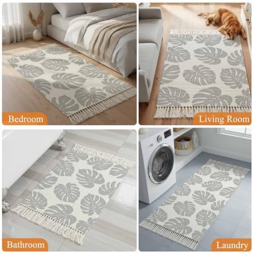 Gray Monstera Leaf Hallway Runner Rug 2'x5', Tropical Plant Foliage