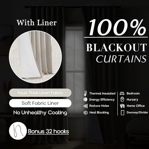 Beige Linen Blackout Curtains 84 Inches Long, Natural Fabric Farmhouse