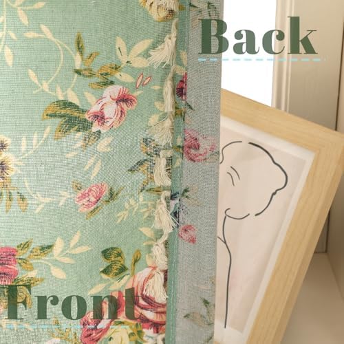 1 Pair Floral on Green Linen Curtains Rustic Country Style Light