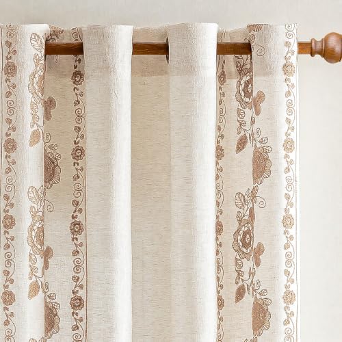 Taupe Boho Floral Linen Curtains for Living Room 96 Inch 2 Panels