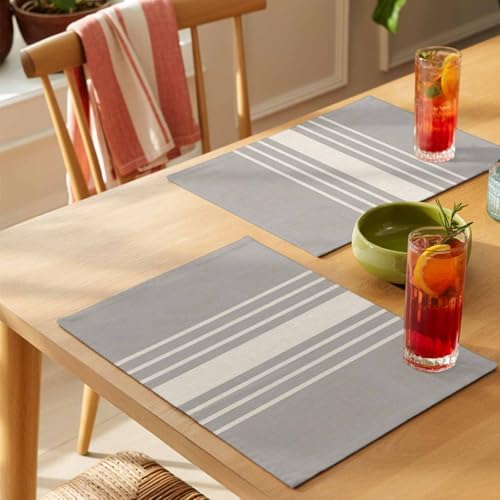 Placemats Set of 6, Beige Striped Cotton Linen Place Mats, Grey
