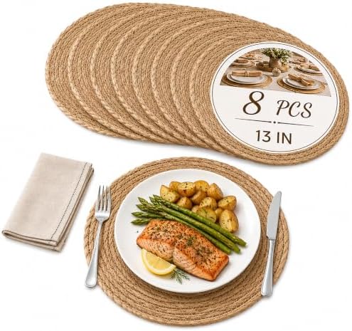 13 Inch Round Woven Placemats Set of 8, Natural Rush Rattan Wicker
