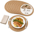 13 Inch Round Woven Placemats Set of 8, Natural Rush Rattan Wicker