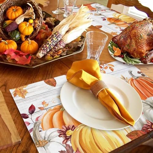 Placemats Set of 8, Thanksgiving Pumpkin Autumn Maple Leaf Washable
