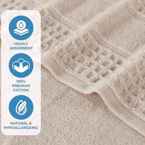 SUPERIOR Cotton 3-Piece Towel Set, Zero Twist, Waffle Border, Bathroom