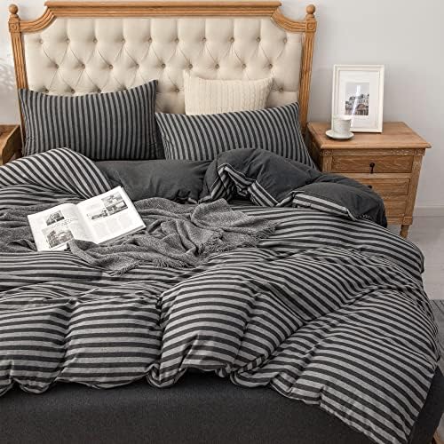 PURE ERA Jersey Duvet Cover Set Charcoal Dark Grey Stripe Queen