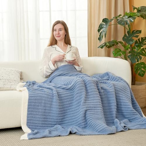 Snuggle Sac Fluffy Ribbed Blue Bedding Blanket Twin Size, Soft