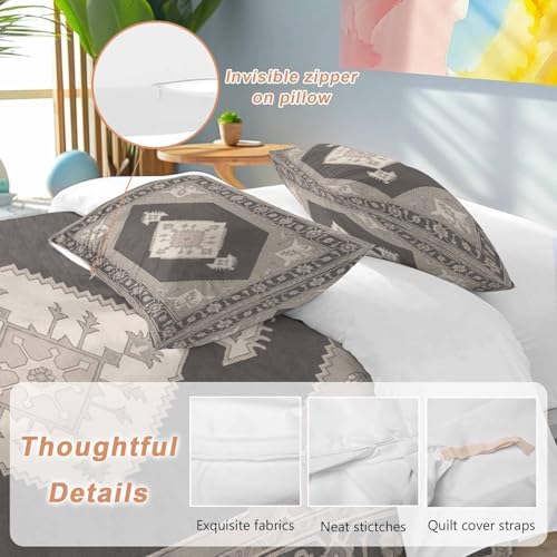 3 Piece Grey Beige Boho Duvet Cover Set Full Size, Microfiber