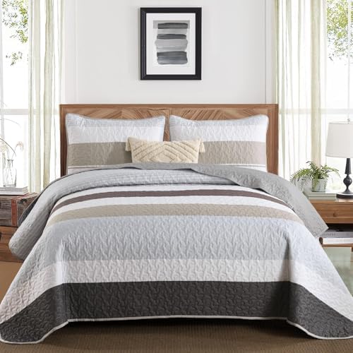 Dinjoy Queen Size Boho Stripe Quilt Set, Grey Brown Lightweight