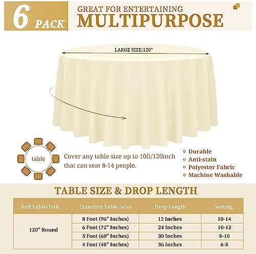 YMHPRIDE 6 Pack Beige Tablecloths - 120 Inch Polyester Round Table